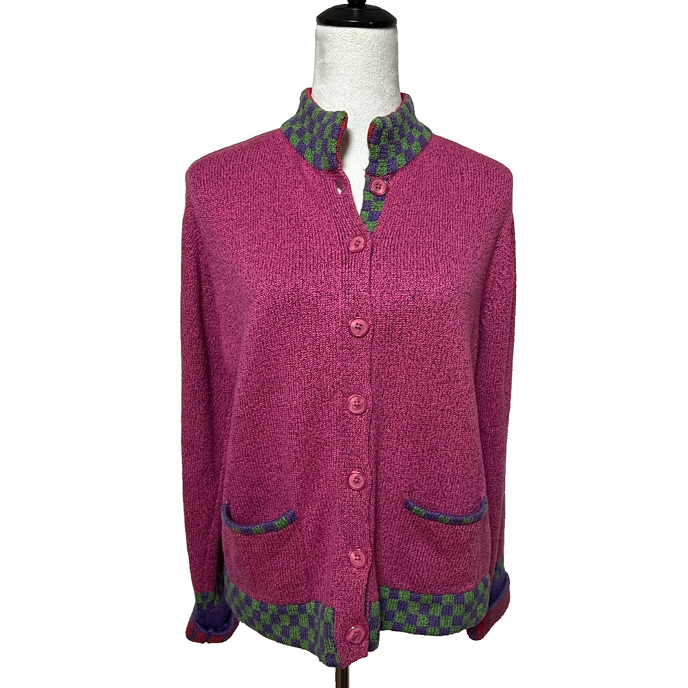 Orvis Cardigan Womens Large Pink Purple Button Up Pockets Checkered Trim Sweater